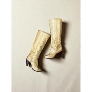 Vintage 70s Knee High Leather Boots | Tan Zodiac | Stacked Wood Heel | 6.5